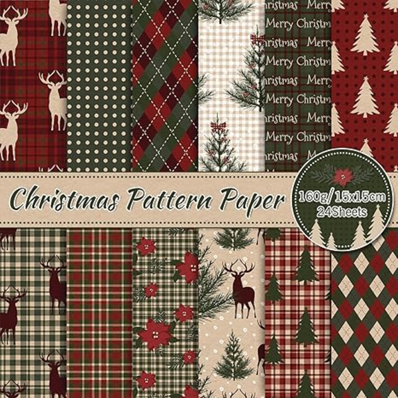Paper Plaid Woodland Scrapbook Specialty Paper Double Sided Xmas Craft Paper For DIY Card Making Photo Album Decor, 6 x 6 Inch